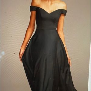 Black satin off-shoulder satin a-line tall bridesmaid dress